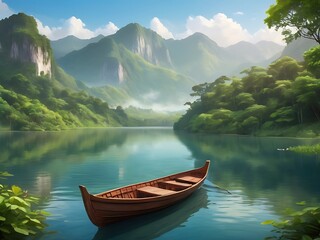 Obraz premium A wooden boat on the lake, seamless