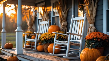 Porch of a country residence showcasing white chairs and decorations of pumpkins, corn stalks, and colorful chrysanthemums.