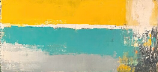 Abstract horizontal bands of yellow, teal, and gray