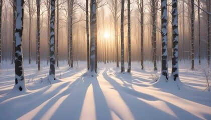 A serene winter forest illuminated by the golden light of the setting sun, creating a peaceful scene.