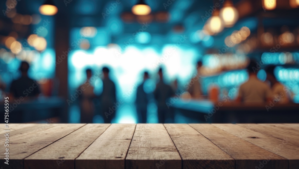 Poster unoccupied wooden table top with a fuzzy image of an indoor bar restaurant featuring blurry patrons,