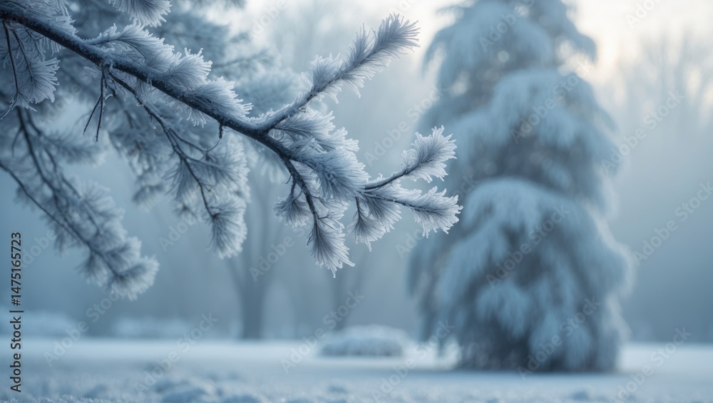 Poster close-up of a frosted tree branch in a tranquil winter environment with icy surroundings.