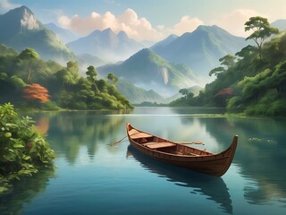 Obraz premium A wooden boat on the lake, seamless