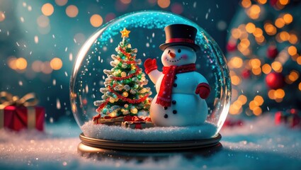 Digital graphic of Christmas festivity featuring snowman and tree