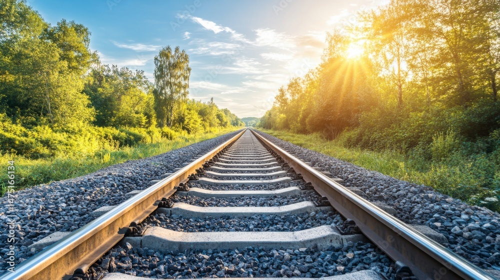 Poster A long, straight railway track with gravel between the rails, stretching through a dense forest, with sunlight filtering through the trees, representing peaceful solitude.