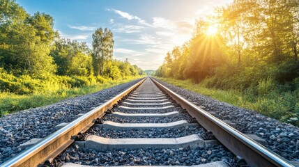 Fototapeta premium A long, straight railway track with gravel between the rails, stretching through a dense forest, with sunlight filtering through the trees, representing peaceful solitude.