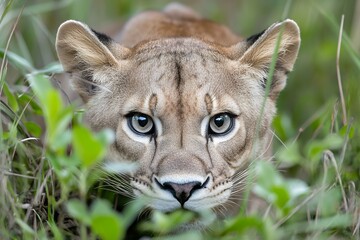 Naklejka premium Close-up of a focused cougar in natural habitat
