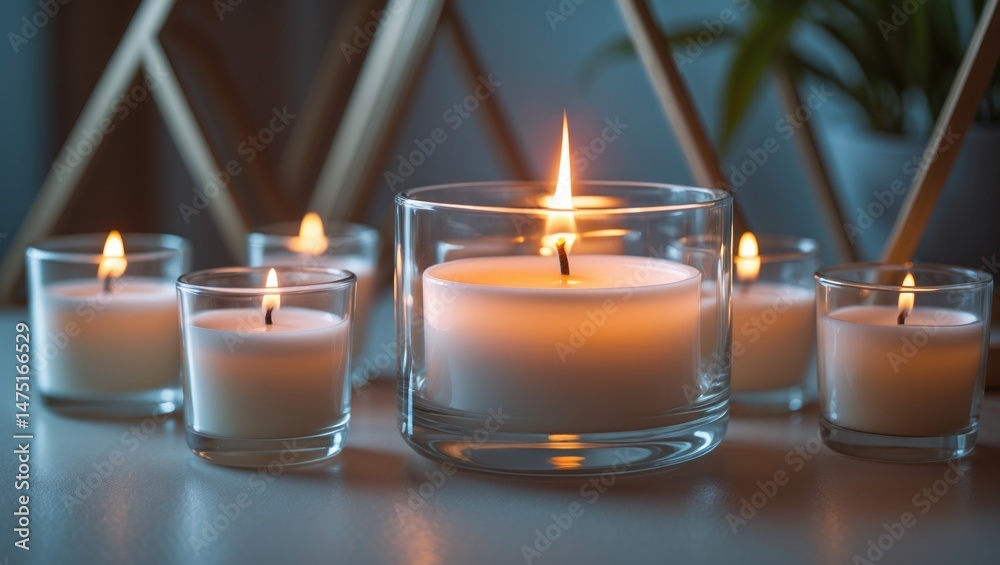 Poster relaxing candlelight with a wax candle in a holder on the table