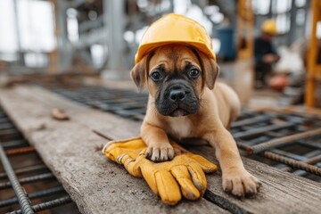 Cute puppy wearing a hard hat rests on safety gloves at a construction site with workers in the background