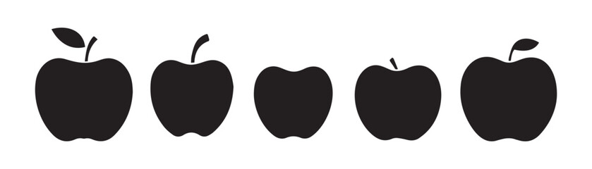 Set of Five Apples Silhouette Clipart Black  White