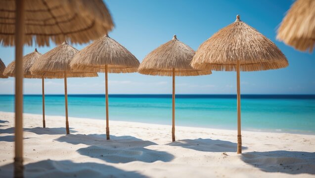 Vama Veche beach view with straw umbrellas and clear blue water in summer.
