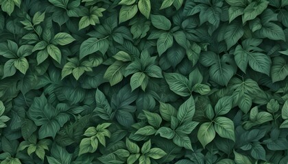 Overhead view of dense green leaves, creating a vibrant and lush natural pattern.