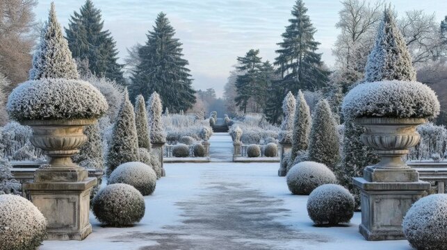 Snow Covered Formal Garden with Stone Urns