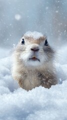 Obraz premium Prairie dog emerging from snowdrift close up portrait in winter snowfall looking up at camera