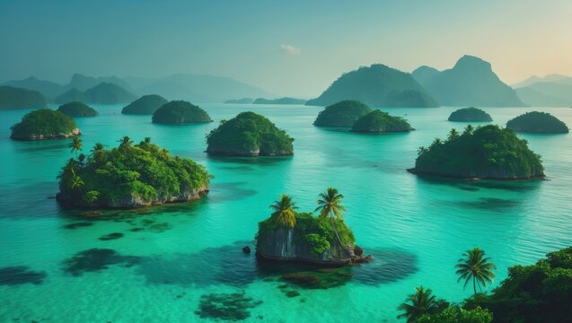 Peaceful lagoon surrounded by small islands and colorful turquoise waters