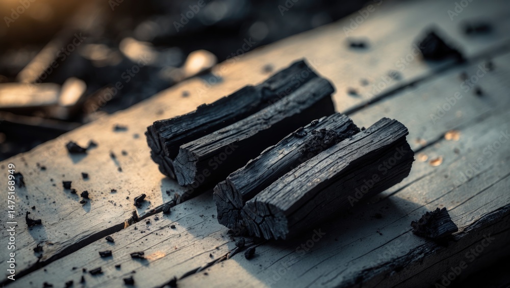 Poster Macro Shot of Sooty Charcoal Fragments and Ashes on a Rustic Environment Surface