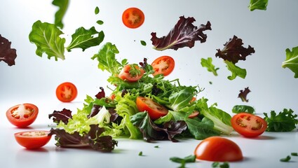 Leaves salad with tomatoes, rucola, lettuce, radicchio, and romano falling in the background