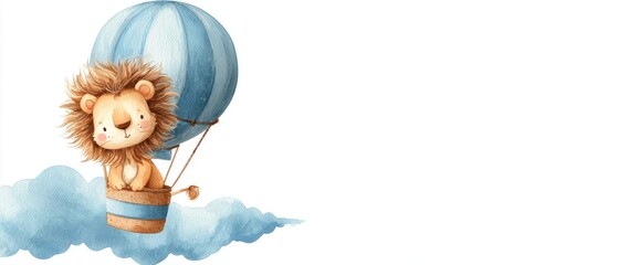Cute Lion Cub Watercolor Illustration Riding Blue Hot Air Balloon on Cloud Background for Baby Shower Invitation or Nursery Art