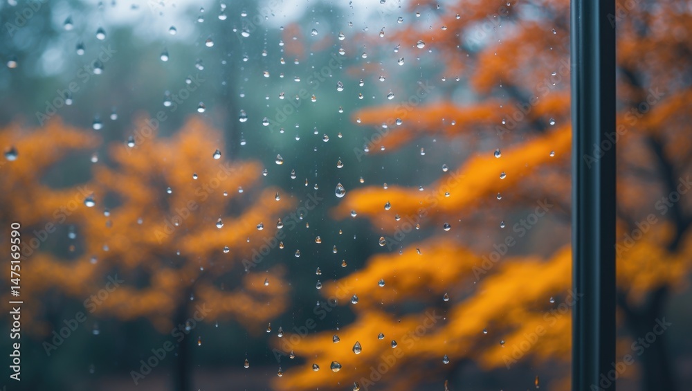 Poster window covered with rain droplets showing autumn yellow leaves in the background