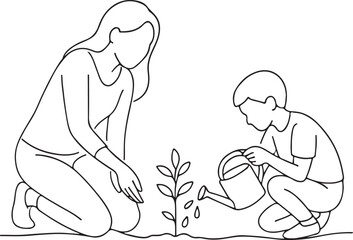 Mother Teaching Son Gardening at Home
