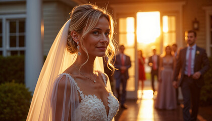 Bride smiling during sunset with wedding guests in background  