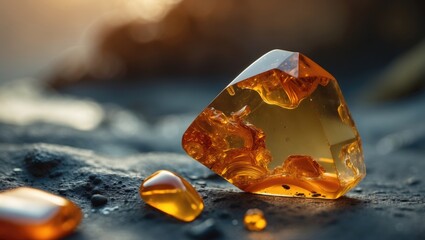 Baltic amber fossils and resin segments highlighting beautiful, warm colors like amber, brown, and green