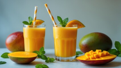 Fototapeta premium Tasty and fresh mango juice. Close-up concept of a cold smoothie in a glass cup with a paper straw on a table background.