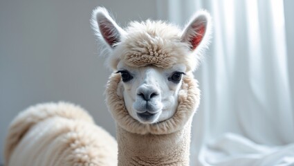 Funny fluffy alpaca portrait of a brown llama with curly fur