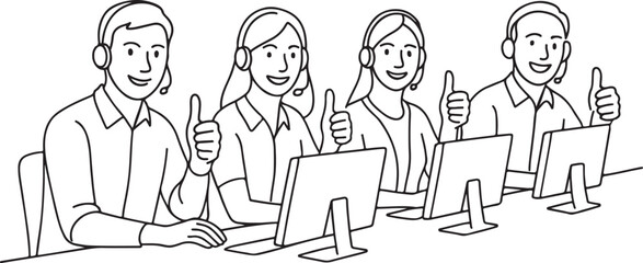 Call Center Team Thumbs Up Pose