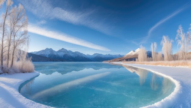 Scenic view of snow-capped mountains and icy water at a Norwegian lake in winter