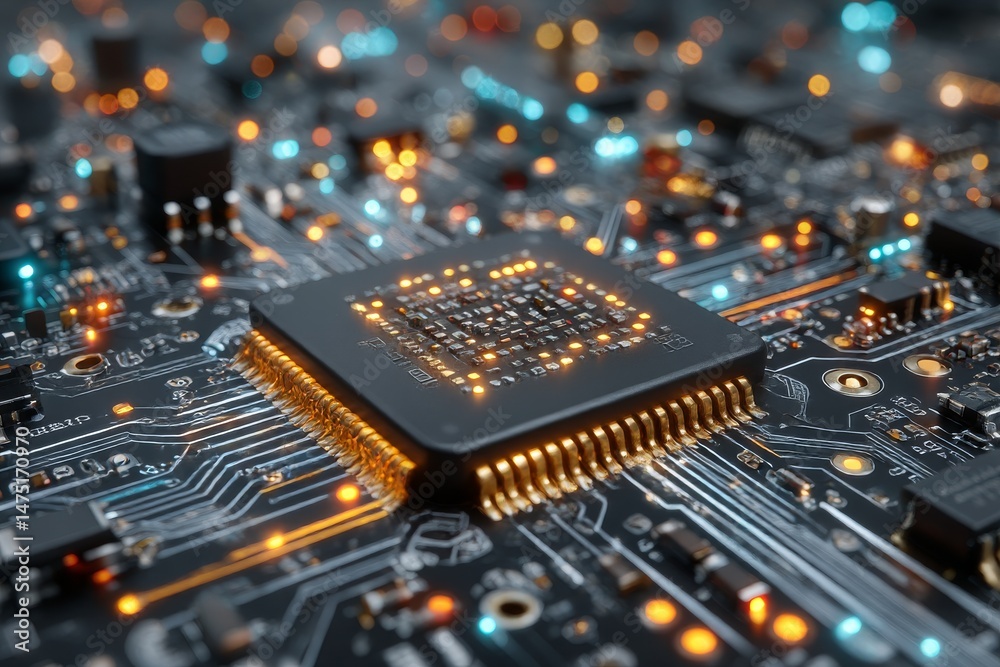 Poster Advanced Microchip Technology: A Detailed Close-Up of a Central Processing Unit with Glowing Circuitry and Golden Pins.