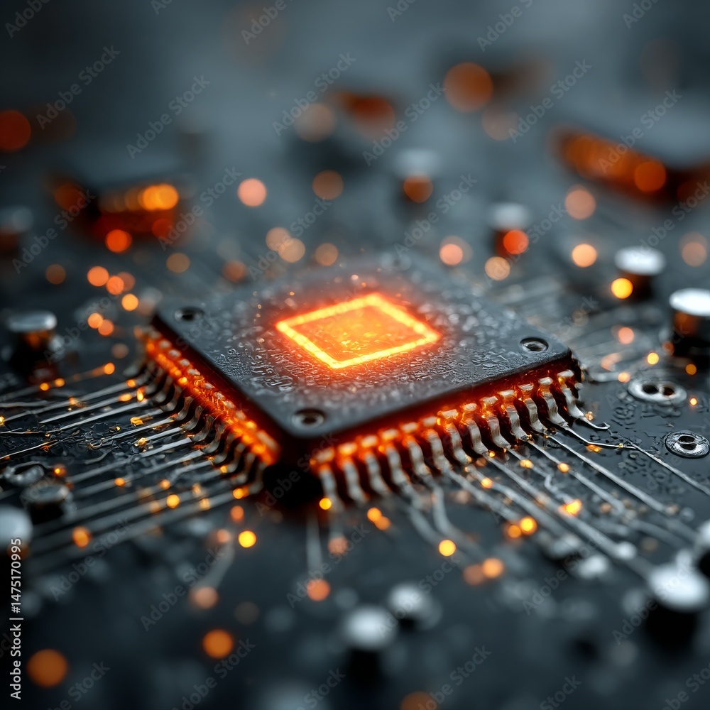 Leinwandbilder Advanced Microchip with Glowing Core and Intricate Circuitry: Powering Modern Technology and Innovation