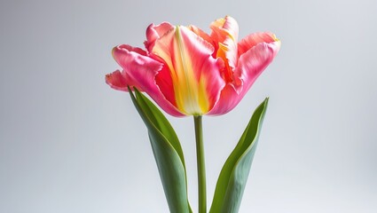 Vibrant pink salmon parrot tulips with a white background