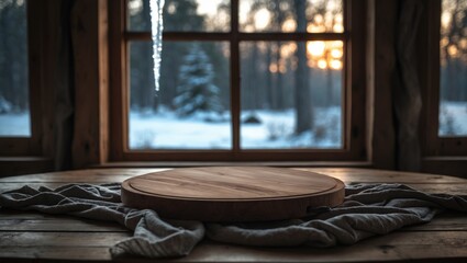 Living space with sizable wooden window revealing winter views and wooden table