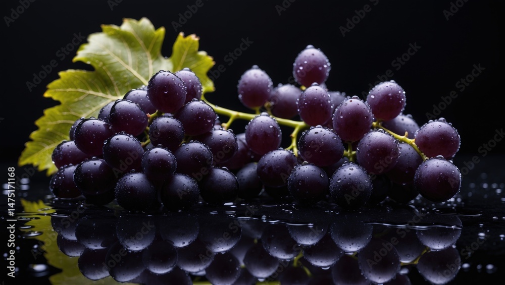 Poster Fresh grape cluster with water droplets on a dark background