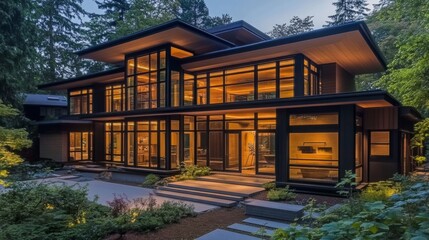 Obraz premium A modern Japanese home blending traditional and contemporary elements, showcasing large windows, a minimalist interior, and natural materials for a harmonious feel.