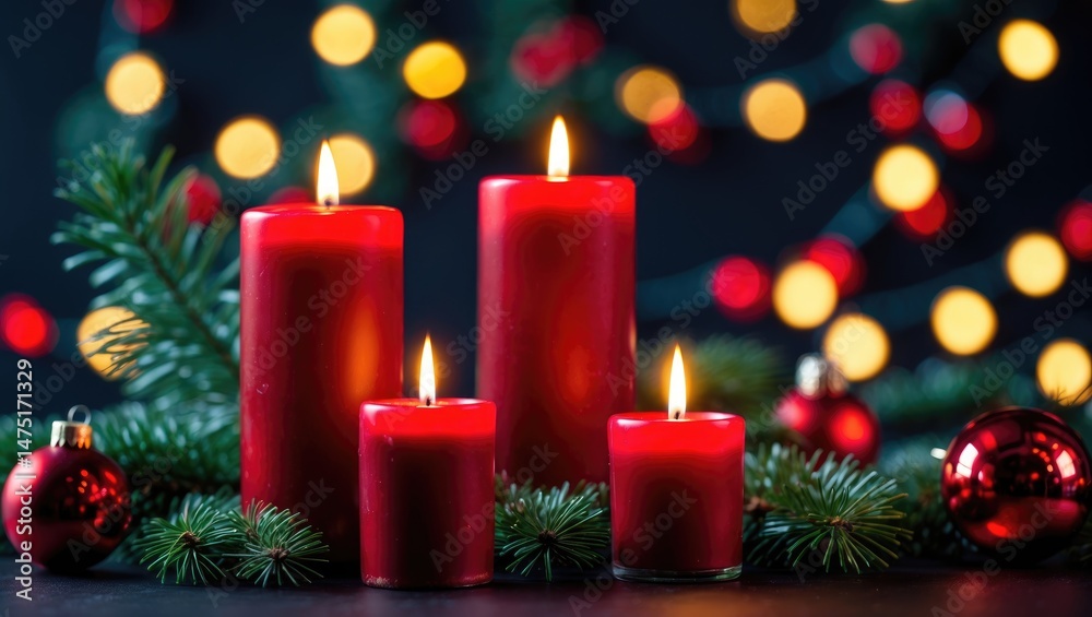 Poster Red candles illuminated by lights on a dark background, positioned horizontally with space for text