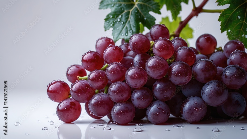 Poster a miniature group of red table grapes accompanied by grape leaves and droplets of water.