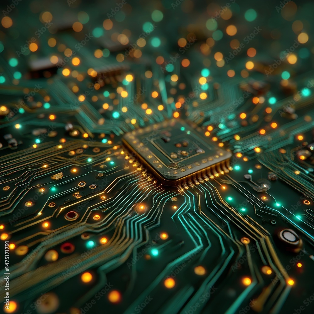 Aufkleber circuit board close-up with glowing lights, illustrating modern technology and connectivity concepts