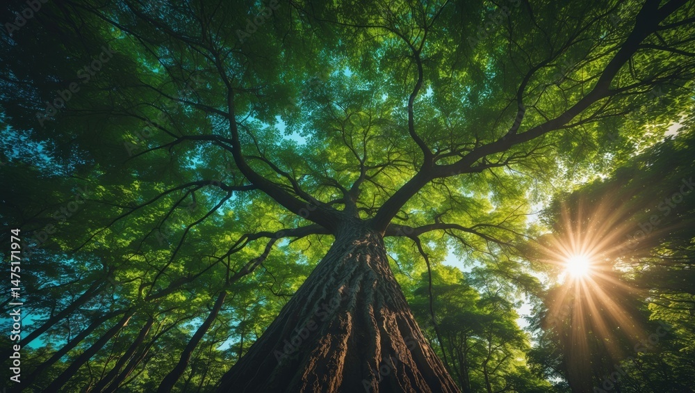Poster scenic forest with lush green trees and rays of sunlight shining through the branches
