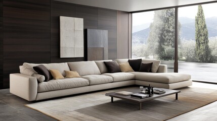 A modern living room with a sleek, minimalist sofa in neutral tones, complemented by a stylish coffee table and contemporary decor, creating a chic and inviting space.