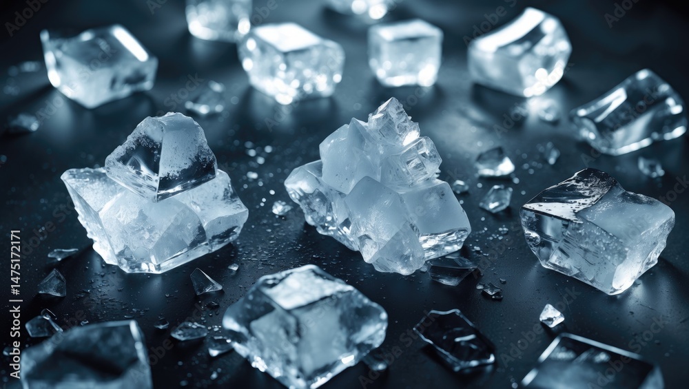 Poster Ice cube pile on black background from above with copy space