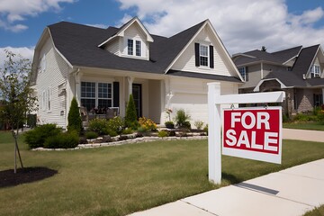 Warm Suburban House for Sale with Sign in Family Neighborhood
