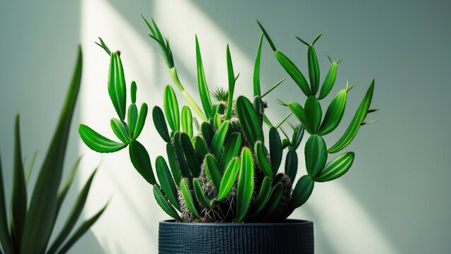 Detailed view of Epiphyllum anguliger, a fishbone cactus with zig zag foliage in a blue pot, white background