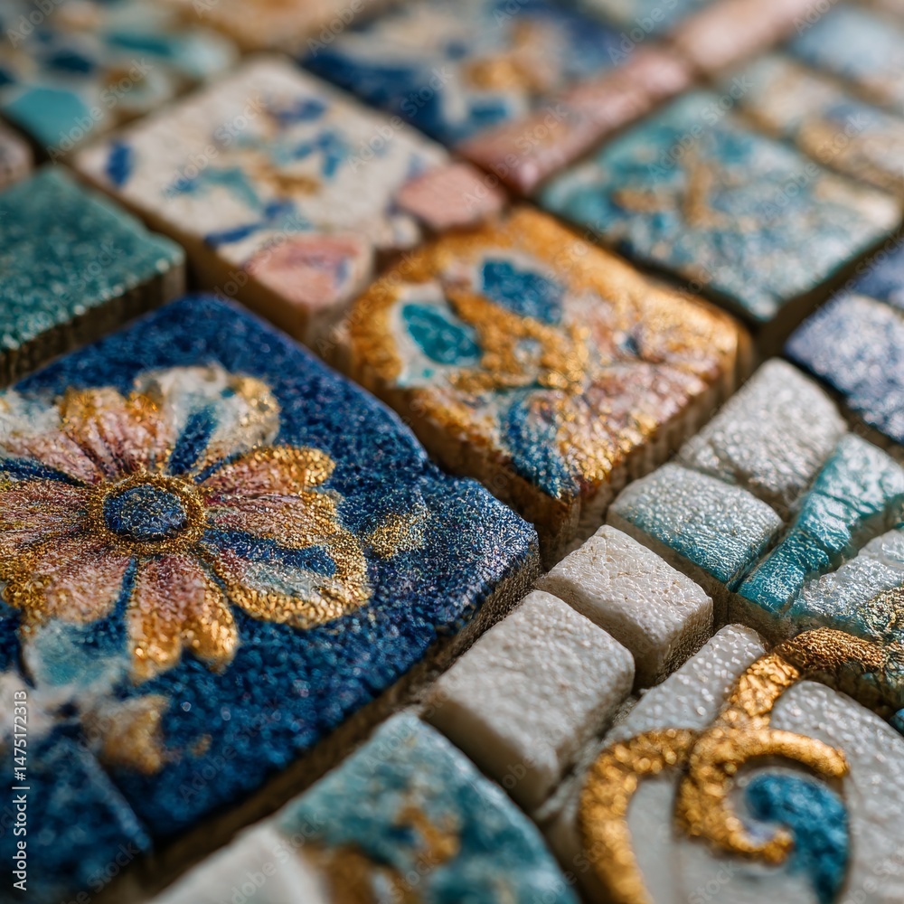 Aufkleber colorful decorative square mosaic tiles with intricate floral and geometric patterns close-up view