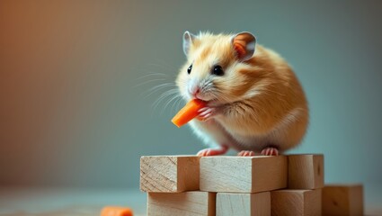 Fototapeta premium Golden Hamster feasting on carrot while perched on building blocks