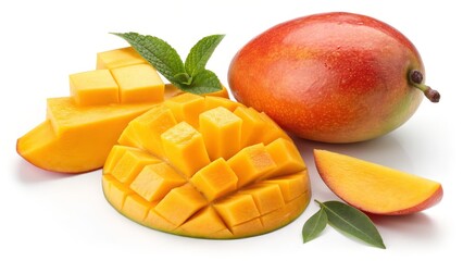 Diced Mango with Whole Mango and Mint Garnish High-Resolution Food Photography, Tropical Fruit, Summer, Sweet Mango, Food Photography