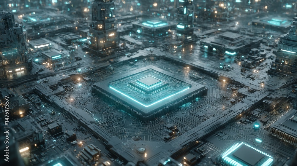 Poster cybernetic metropolis: a futuristic cityscape of interconnected motherboards and quantum processors