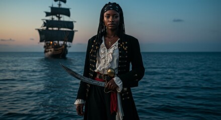 Obraz premium Woman in pirate costume holding sword near ship