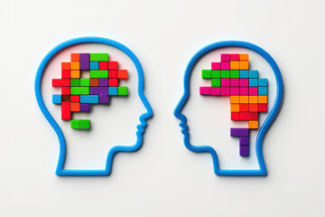 Conceptual Illustration Two Heads with Pixelated Brains Representing Cognitive Differences